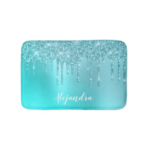 Gorgeous aqua blue mint & turquoise glitter drips bath mat