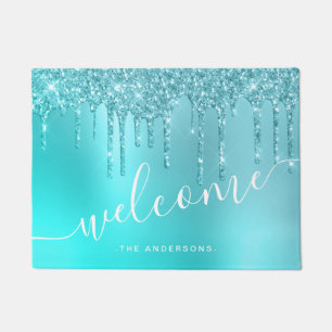Gorgeous aqua blue mint & turquoise glitter drips doormat