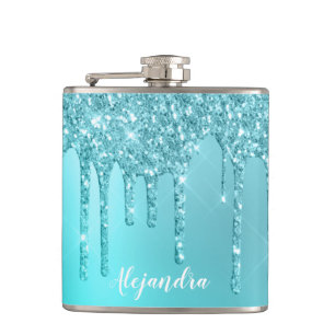 Gorgeous aqua blue mint & turquoise glitter drips hip flask
