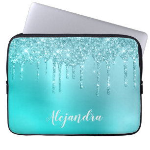 Gorgeous aqua blue mint & turquoise glitter drips laptop sleeve