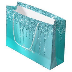 Gorgeous aqua blue mint & turquoise glitter drips large gift bag