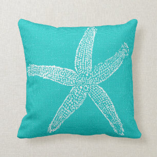 Gorgeous Aqua with White Starfish Burlap Look Cushion