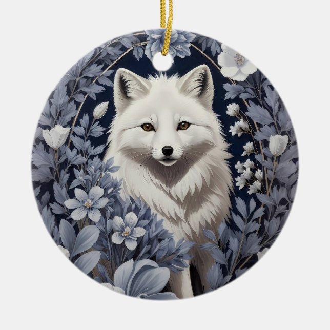 Gorgeous Arctic Fox William Morris Inspired Ceramic Ornament (Front)