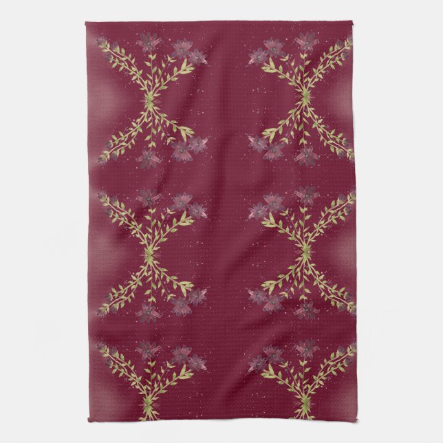 Gorgeous Berry Colour Floral Kitchen Tea Towel (Vertical)