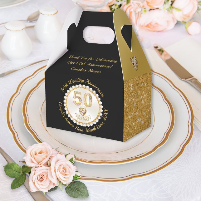 Gorgeous Black Gold, 50th Wedding Anniversary Favour Box (50th Wedding Anniversary Party Supplies. Golden wedding anniversary ideas. 50th anniversary favors.)