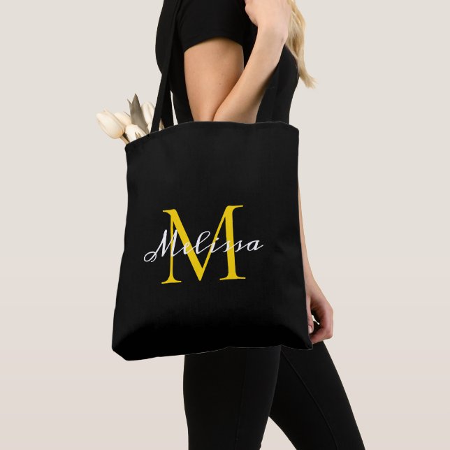 Gorgeous Black Gold Monogram Script Name   Tote Bag (Close Up)