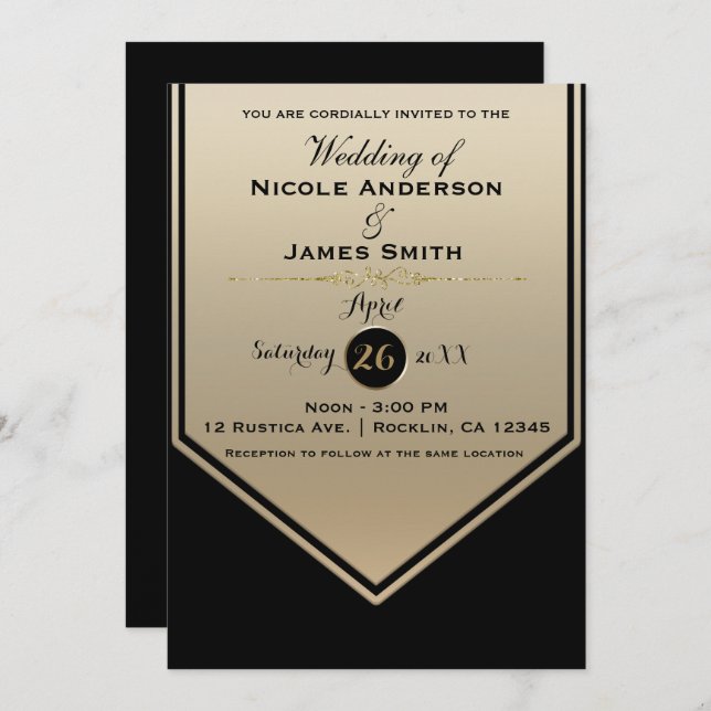 Gorgeous Black & Gold Shine Classy Wedding Invitation (Front/Back)