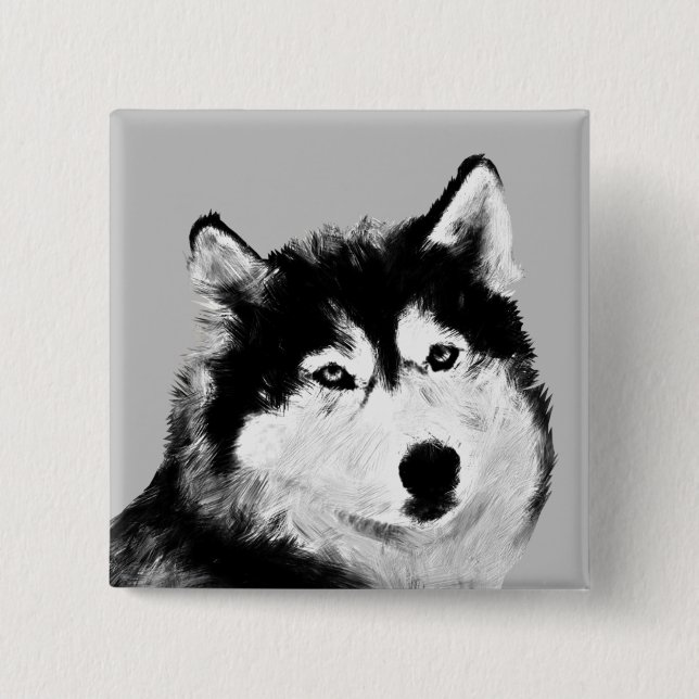Gorgeous Black/White Husky Pin Button (Front)