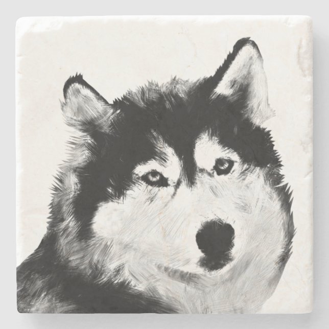 Gorgeous Blk & Wht Siberian Husky Marble Coaster (Front)