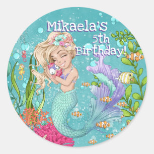 Gorgeous Blonde Turquoise Purple Mermaid Birthday Classic Round Sticker