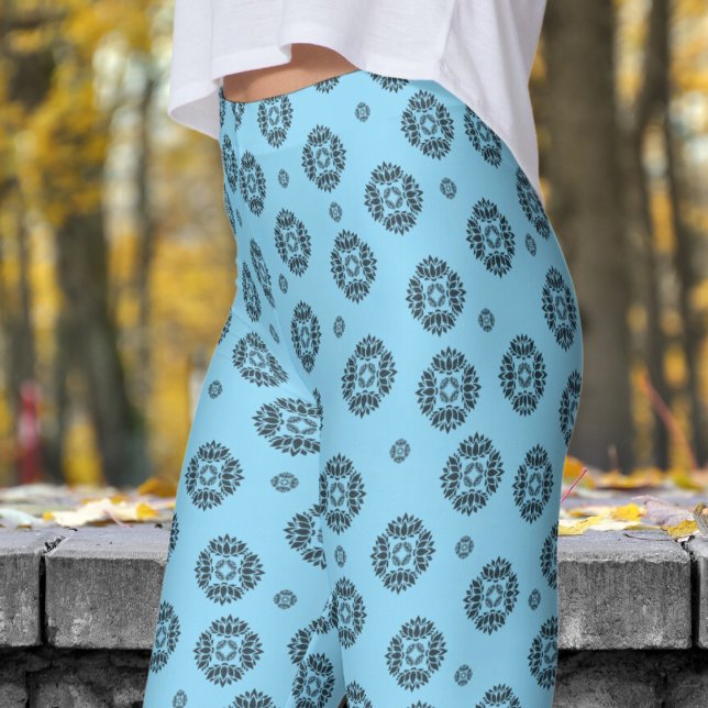 Gorgeous Blue and Black Mandela Pattern Leggings (Mandela on Baby Blue)