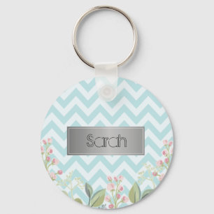 Gorgeous Blue And White Background, Cool Flowers Key Ring