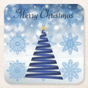 Gorgeous Blue Christmas Tree, Snowflake Square Paper Coaster