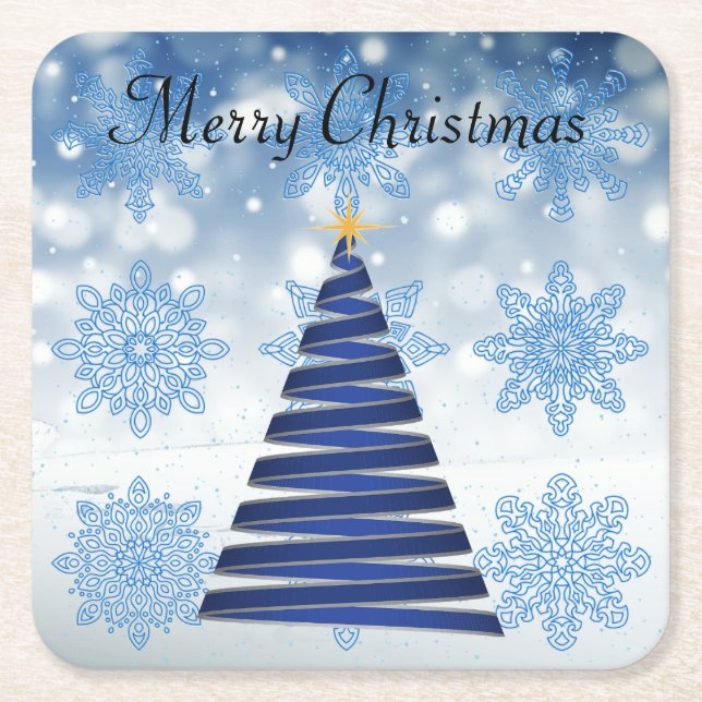 Gorgeous Blue Christmas Tree, Snowflake Square Paper Coaster (Front)