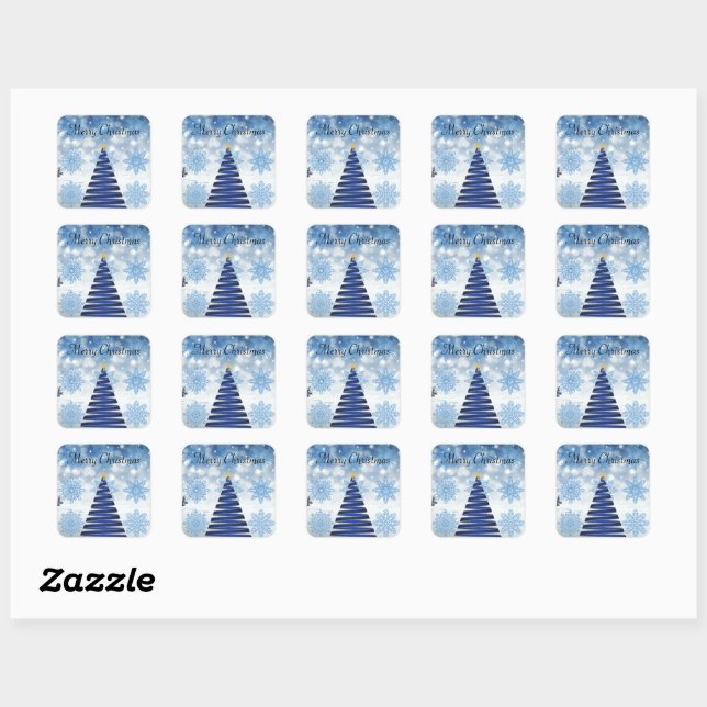 Gorgeous Blue Christmas Tree, Snowflake Square Sticker (Sheet)