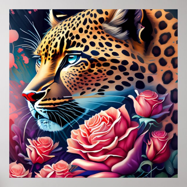 Gorgeous Blue Eyed Leopard with Roses Painting Poster (Front)