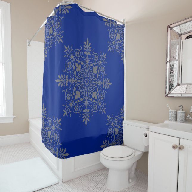 Gorgeous Blue Floral Damask Pattern Shower Curtain (In Situ)