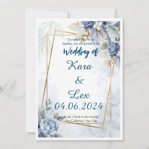 Gorgeous Blue Flowers with Gold Accent Framing Invitation