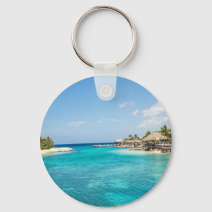 Gorgeous Blue Tropical Beach with Thatched Huts Key Ring