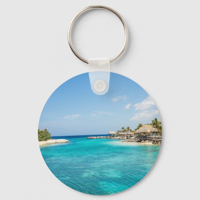 Gorgeous Blue Tropical Beach with Thatched Huts Key Ring (Front)