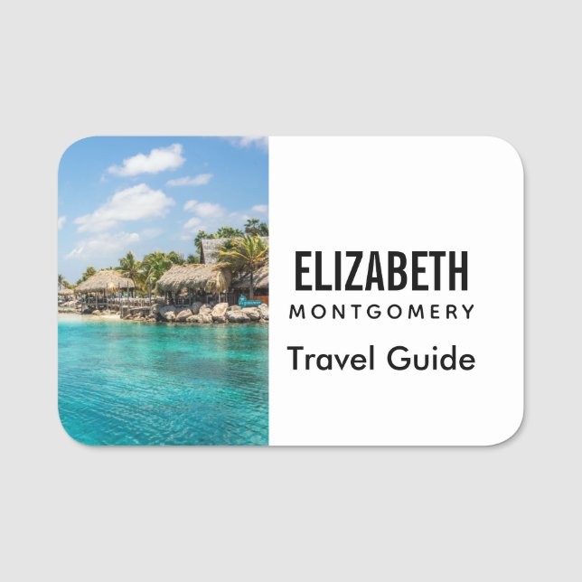 Gorgeous Blue Tropical Beach with Thatched Huts Name Tag (Front)