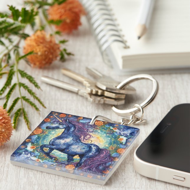 Gorgeous Blue Unicorn Key Ring (Front Right)