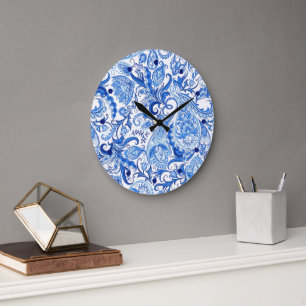 Gorgeous Blue White Floral Paisley Art Pattern Large Clock