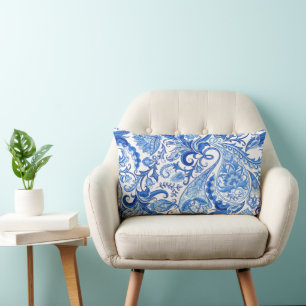 Gorgeous Blue White Floral Paisley Art Pattern Lumbar Cushion
