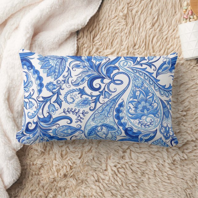 Gorgeous Blue White Floral Paisley Art Pattern Lumbar Cushion (Blanket)