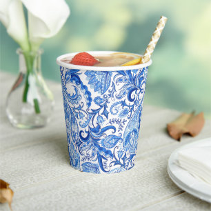 Gorgeous Blue White Floral Paisley Art Pattern Paper Cups