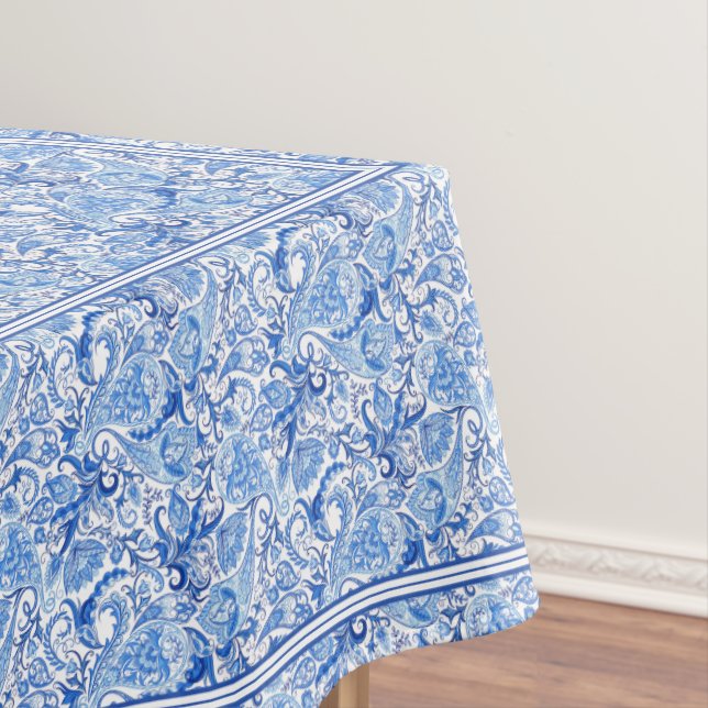 Gorgeous Blue White Floral Paisley Art Pattern Tablecloth (In Situ)