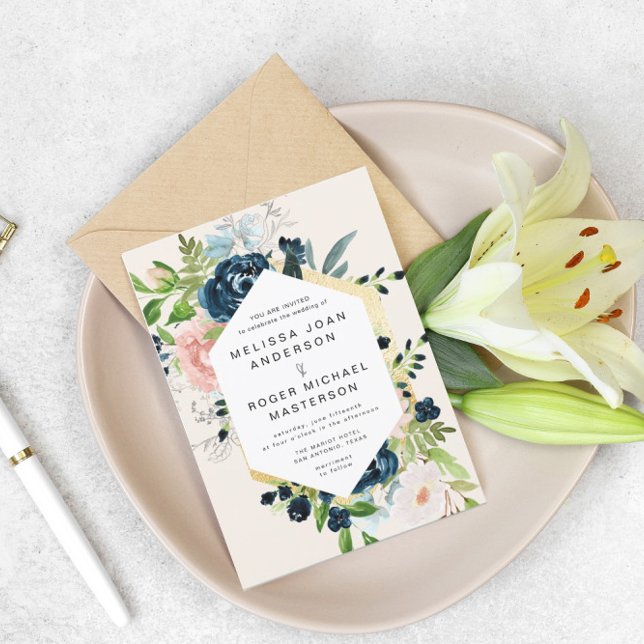 gorgeous blues gold floral Wedding Invitation (Creator Uploaded)