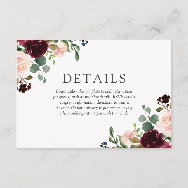 Gorgeous Blush & Burgundy Flowers Elegant Wedding Enclosure Card (Front)