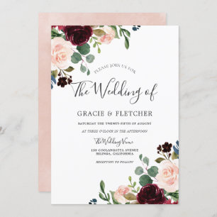 Gorgeous Blush & Burgundy Flowers Elegant Wedding Invitation