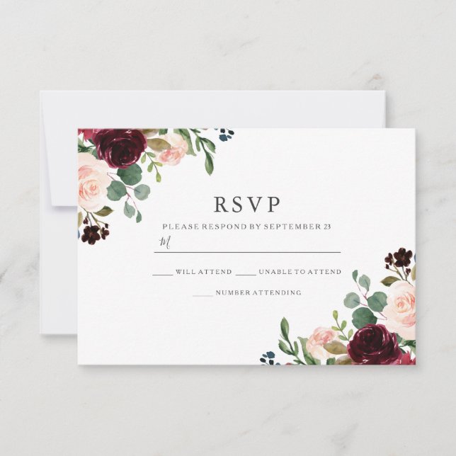 Gorgeous Blush & Burgundy Flowers Elegant Wedding RSVP Card (Front)