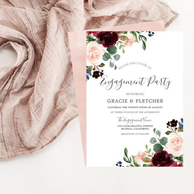 Gorgeous Blush & Burgundy Flowers Engagement Party Invitation (Creator Uploaded)