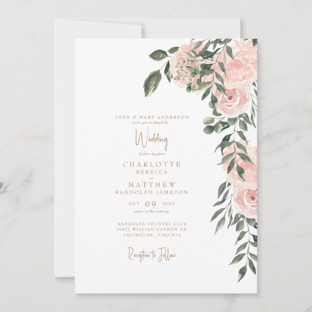 Gorgeous Blush Floral Gold Text White Wedding  Invitation (Front)