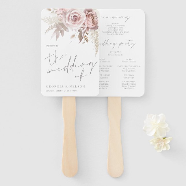 Gorgeous Blush Floral Wedding Program Hand Fan (Front and Back)