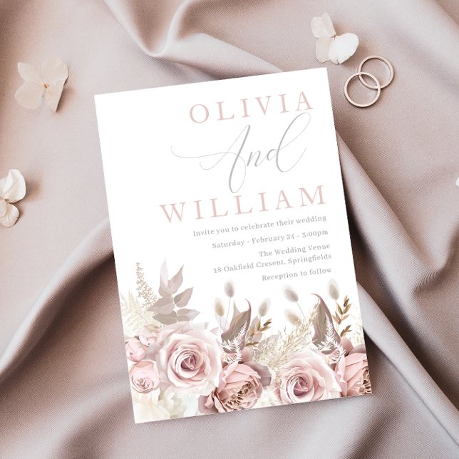 Gorgeous Blush Pink Dusty Roses Floral Wedding Invitation (Creator Uploaded)