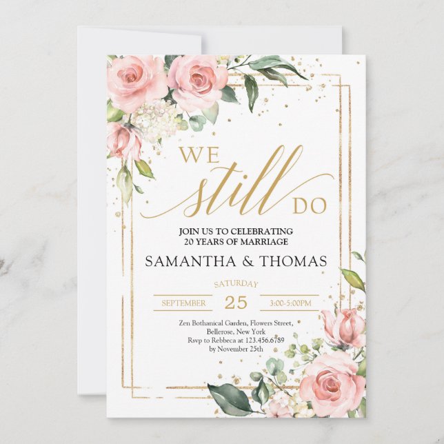 Gorgeous blush pink floral gold frame we still do invitation (Front)