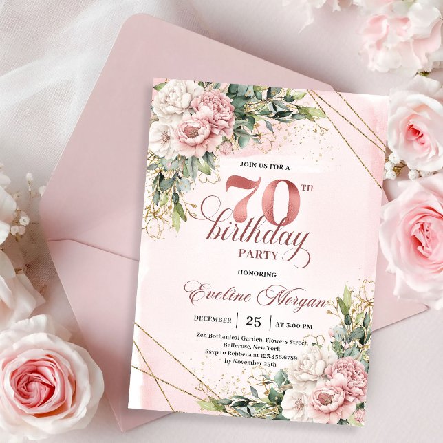 Gorgeous Blush Pink Watercolor Flowers 70 Birthday Invitation (Gorgeous Blush Pink Watercolor Flowers 70th Birthday Invitation)