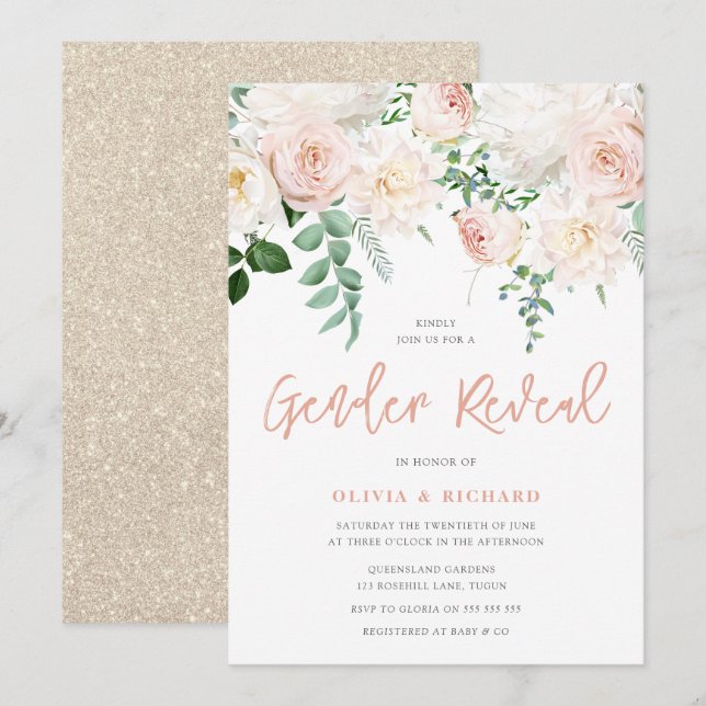 Gorgeous Blush & White Floral Gender Reveal Party Invitation (Front/Back)