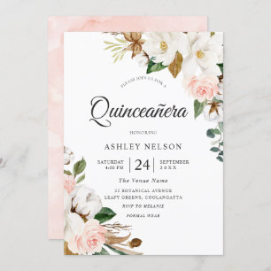 Gorgeous Blush & White Flowers Quinceanera Invitation