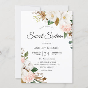 Gorgeous Blush & White Flowers Sweet 16 Invitation