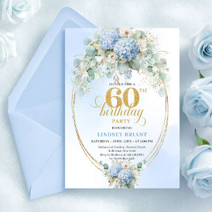 Gorgeous Boho Dusty Blue Floral Gold 60th Birthday Invitation