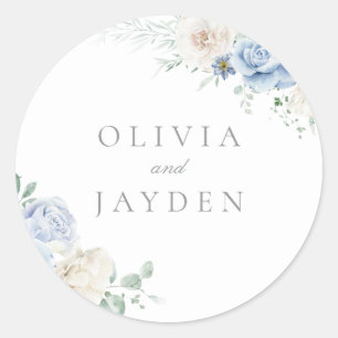 Gorgeous Botanical White & Blue Floral Wedding Classic Round Sticker