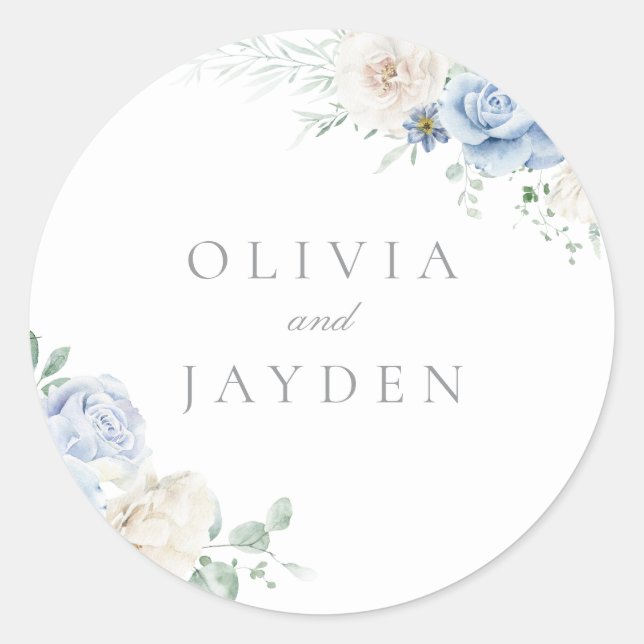 Gorgeous Botanical White & Blue Floral Wedding Classic Round Sticker (Front)