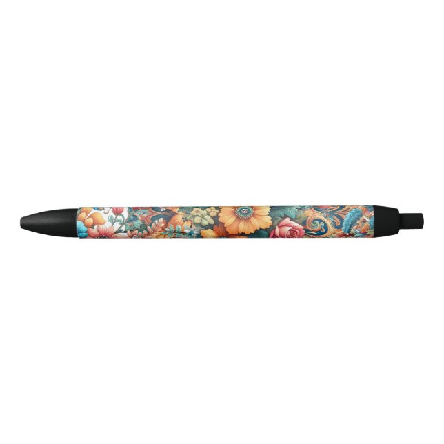Gorgeous Bouquet of Flowers Black Ink Pen (Front)
