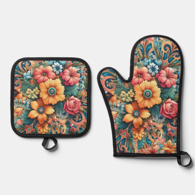 Gorgeous Bouquet of Flowers Oven Mitt & Pot Holder Set (Front)