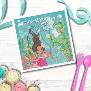 Gorgeous Brunette Tan Mermaid Swimming Birthday Napkin